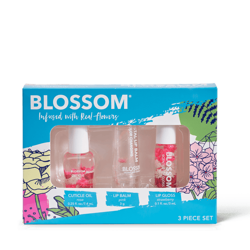 3-piece set includes rose cuticle oil, pink color-changing crystal lip balm and strawberry roll-on lip gloss all infused with real flowers
