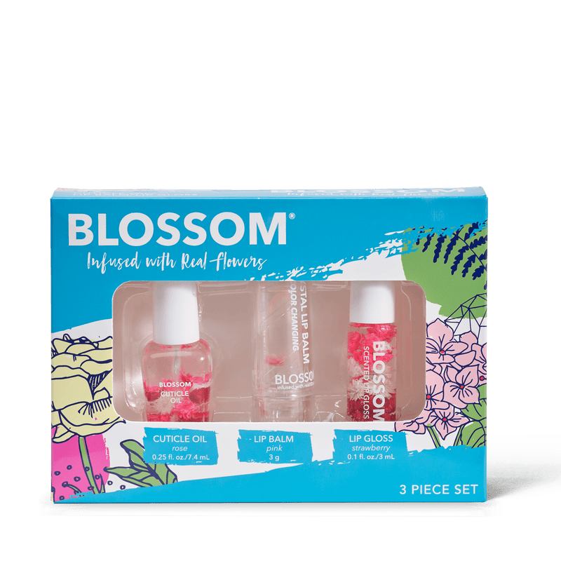3-piece set includes rose cuticle oil, pink color-changing crystal lip balm and strawberry roll-on lip gloss all infused with real flowers