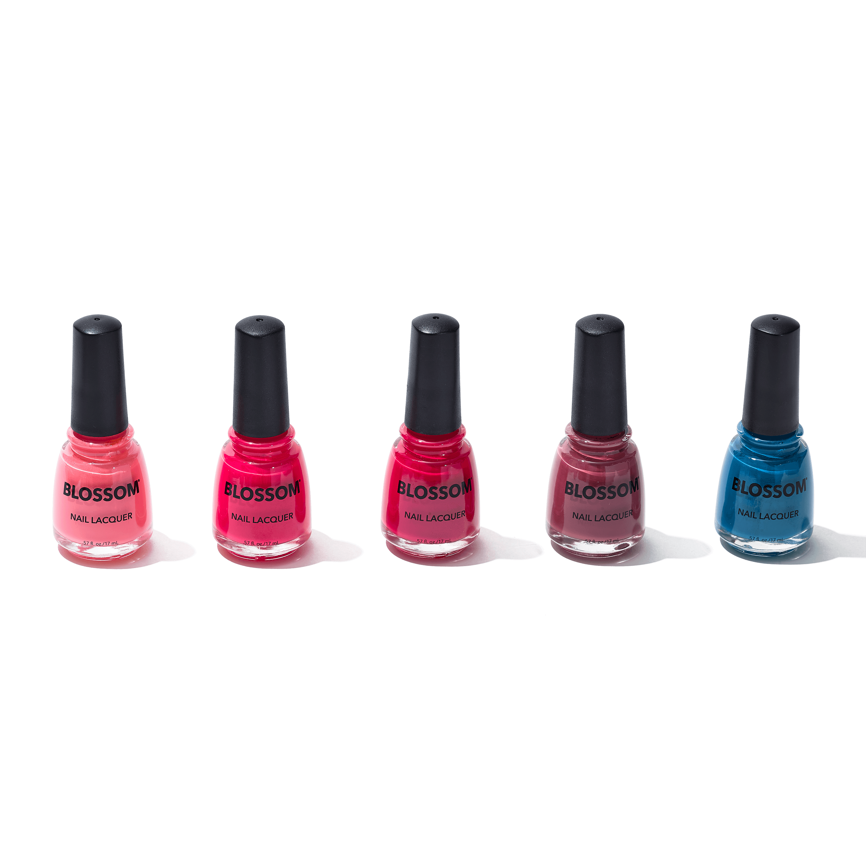 5 bold Blossom nail polish colors: Poppy, Geranium, Knock Out Rose, Hydrangea and Chocolate Cosmos