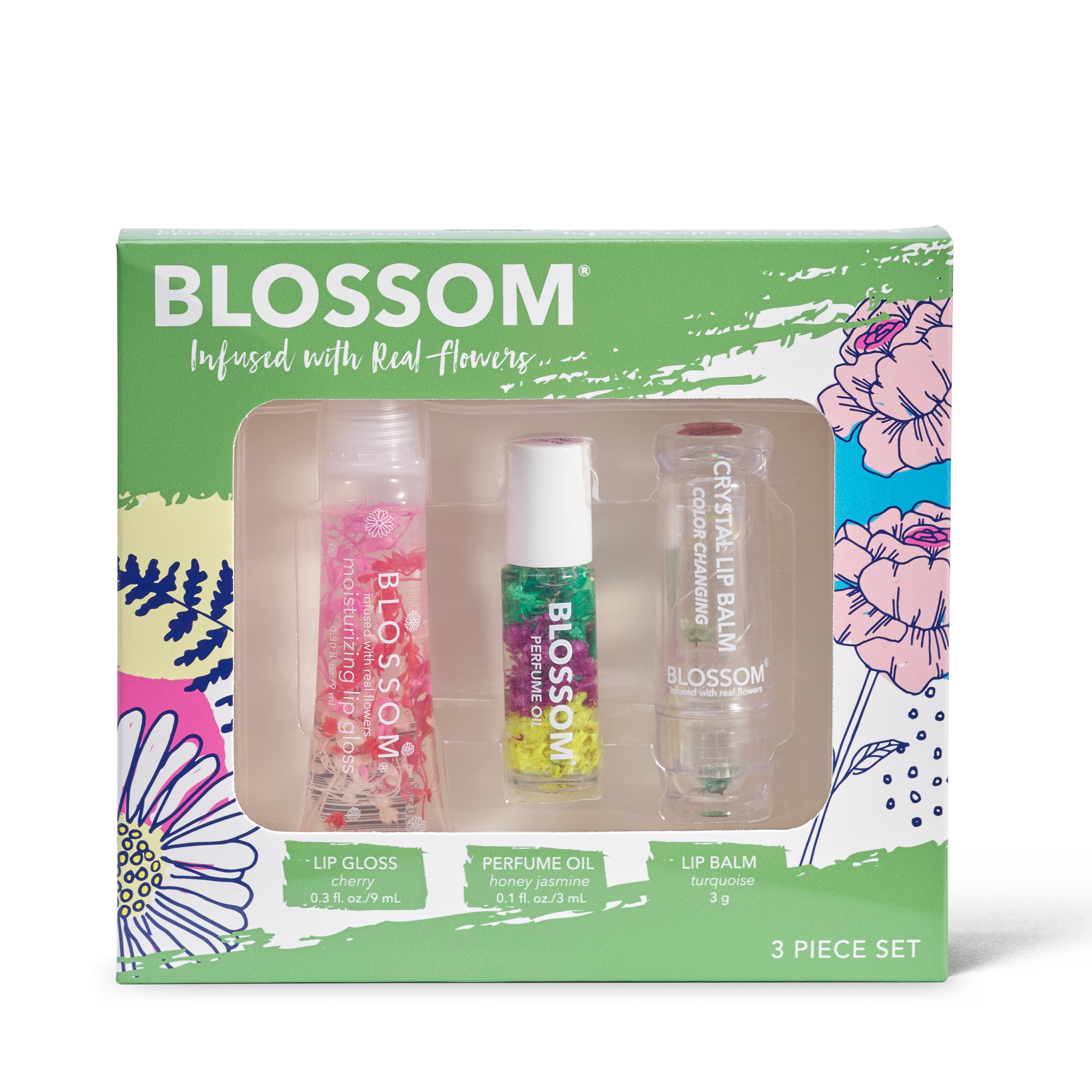 3-piece set - cherry lip gloss tube, honey jasmine perfume oil and color-changing crystal lip balm