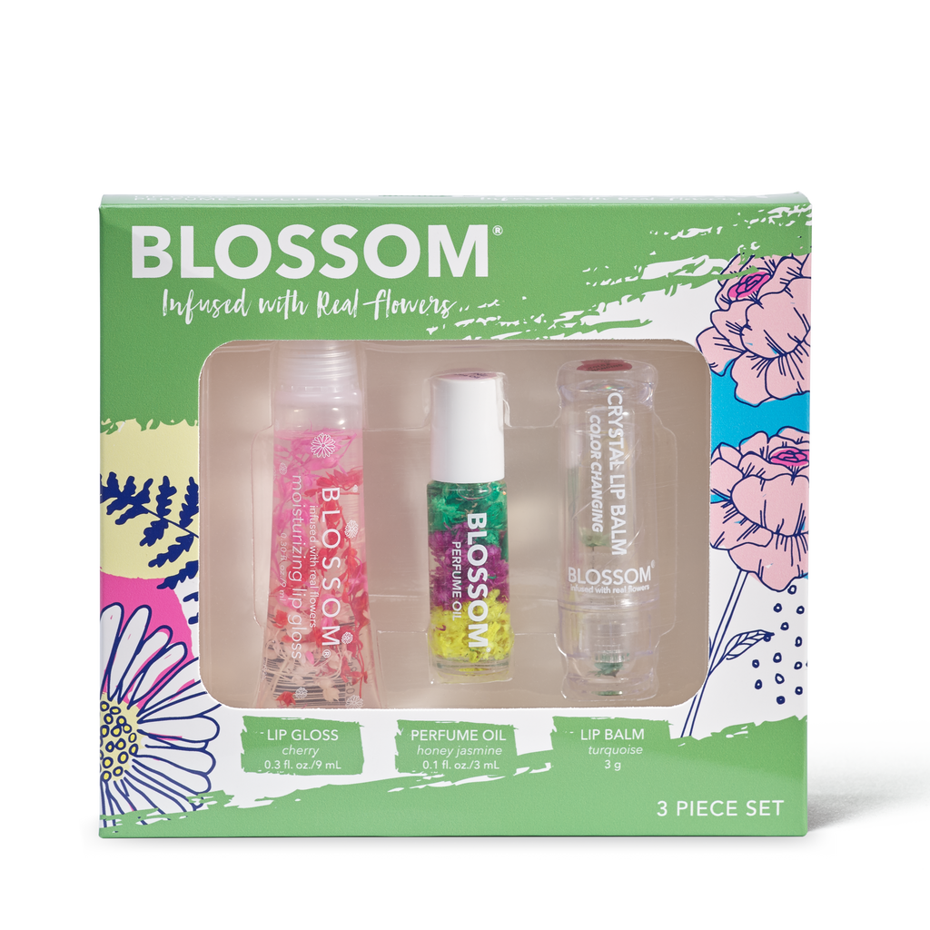 Blossom Bundle Sunset Sensation - Spa Coconut Body Oil, Roll-On Perfume Oil  and Moisturizing Lip Gloss Tube – Blossom®