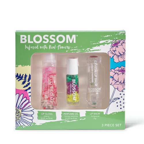 3-piece set - cherry lip gloss tube, honey jasmine perfume oil and color-changing crystal lip balm