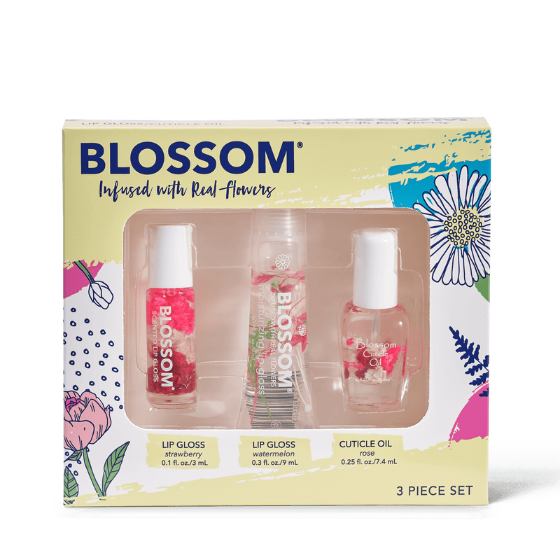 Blossom 3 piece set includes Strawberry Roll-on lip gloss, watermelon moisturizing lip gloss tube, rose cuticle oil - all infused with real flowers