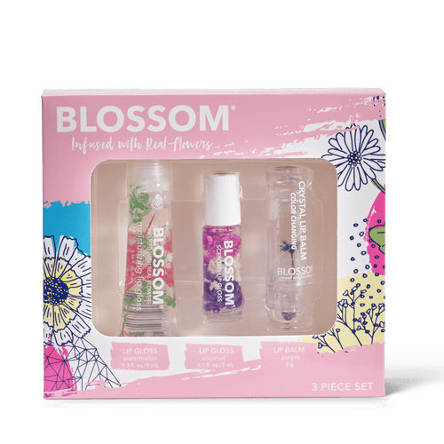 Blossom 3-piece set - watermelon lip gloss tube, coconut roll-on lip gloss, and color-changing crystal lip balm