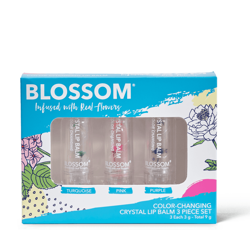 Blossom 3-piece color-changing crystal lip balm set infused with real flowers includes turquoise, pink, and purple lip balms