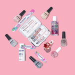 Blossom Classic Maxi Nail Box includes:  5 classic nail polish colors: Champagne Kisses, Peach Pureé, Latte, Lady in White, and Paloma 10-piece tool kit in a keepsake case 1 lavender scented nail polish remover 1 high shine topcoat with pink flowers 1 rose scented cuticle oil 0.5 oz 1 lanolin enriched cuticle remover 1 large nail file 2 small nail files