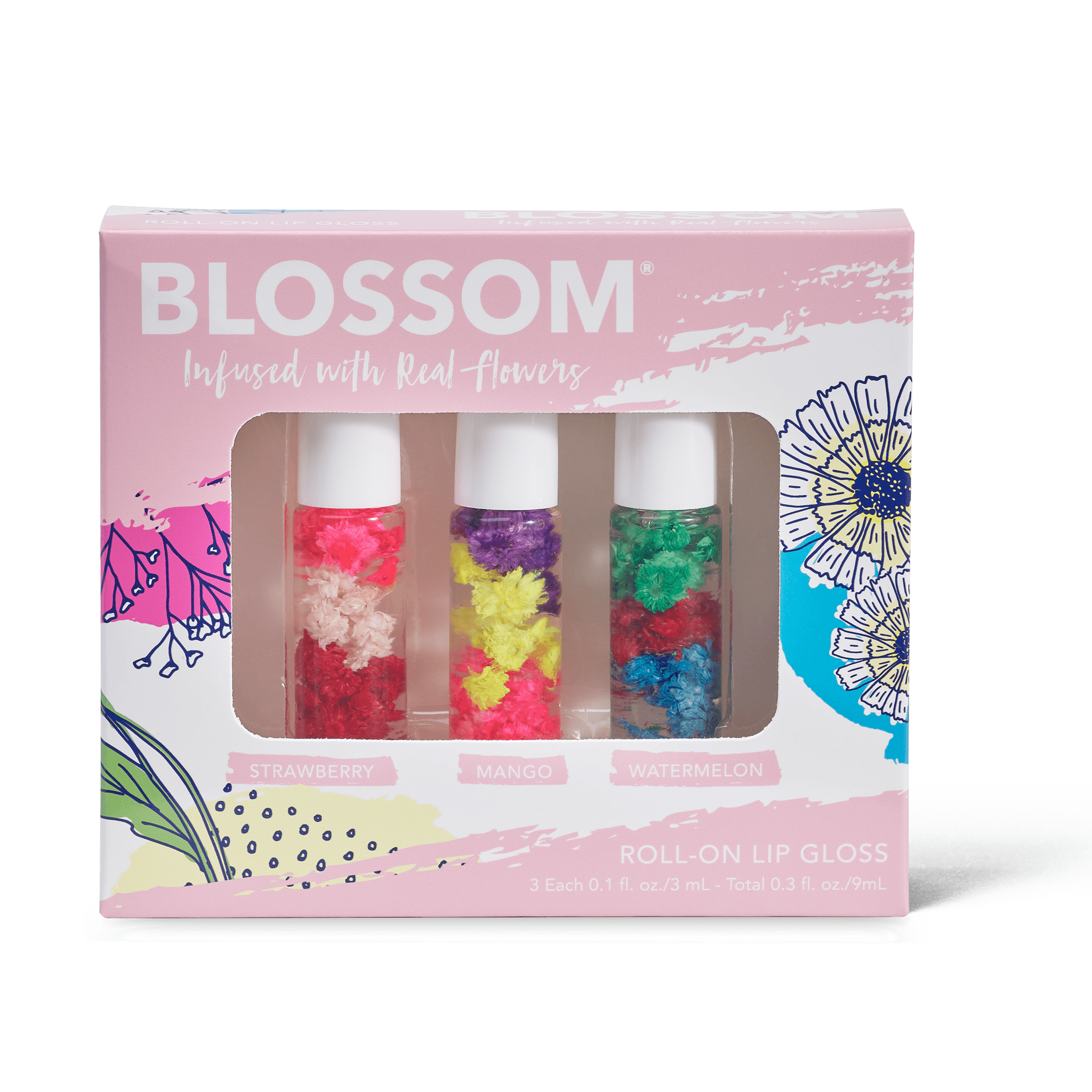 3-piece roll on lip gloss set includes strawberry, mango and watermelon scents all infused with real flowers each 0.1 fl oz./ 3mL total 0.3 fl. oz/9mL