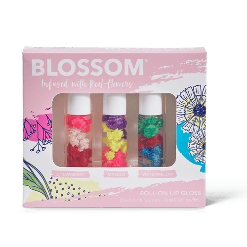 3-piece roll on lip gloss set includes strawberry, mango and watermelon scents all infused with real flowers each 0.1 fl oz./ 3mL total 0.3 fl. oz/9mL