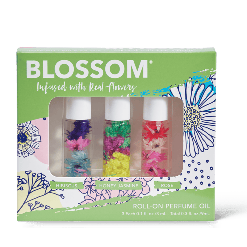 Blossom 3-piece Roll-on perfume oil set - hibiscus, honey jasmine, and rose scents all infused with real flowers