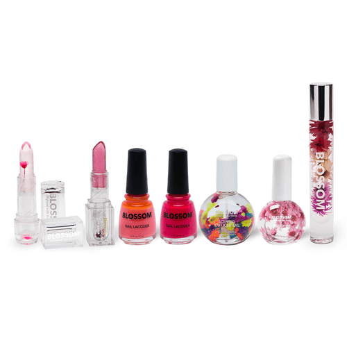 Blossom Pretty in Pink Bundle - 1  Pink Nail Kit, 1  Pink Color-Changing Crystal Lip Balm,  1  Blush Shimmering Color-Changing Lip Balm, 1  Poppy Nail Lacquer, 1  Geranium Nail Lacquer, 1  Pink High Shine Top Coat, 1  Spring Bouquet Cuticle Oil (1 oz.), 1  Rose Roll-on Perfume Oil,  infused with real flowers