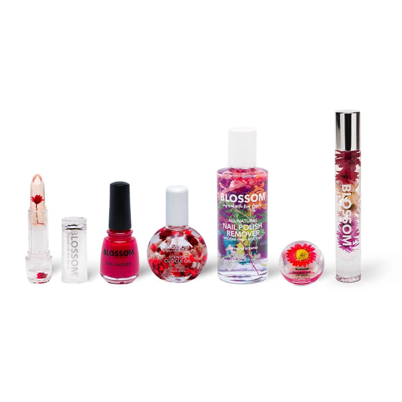 Blossom Simply Red Six Piece Bundle includes 1 Red Color-Changing Crystal Lip Balm,  1  Knock Out Rose Nail Lacquer, 1 Rose Cuticle Oil (1 oz.), 1 Lavender All-Natural Nail Polish Remover,   1 Red Double Dip Lip Duo, Lip Gloss 1 Rose Roll-on Perfume Oil all infused with real flowers