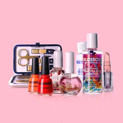 Blossom Love Bundle - 1  Pink Nail Kit, 1  Pink High Shine Top Coat, 1  Poppy Nail Lacquer, 1  Geranium Nail Lacquer, 1  Lavender Nail Polish Remover, 1  Rose Cuticle Oil (1 oz.), 1  Lanolin-Enriched Cuticle Remover 1,  Blush Shimmering Color-Changing Lip Balm