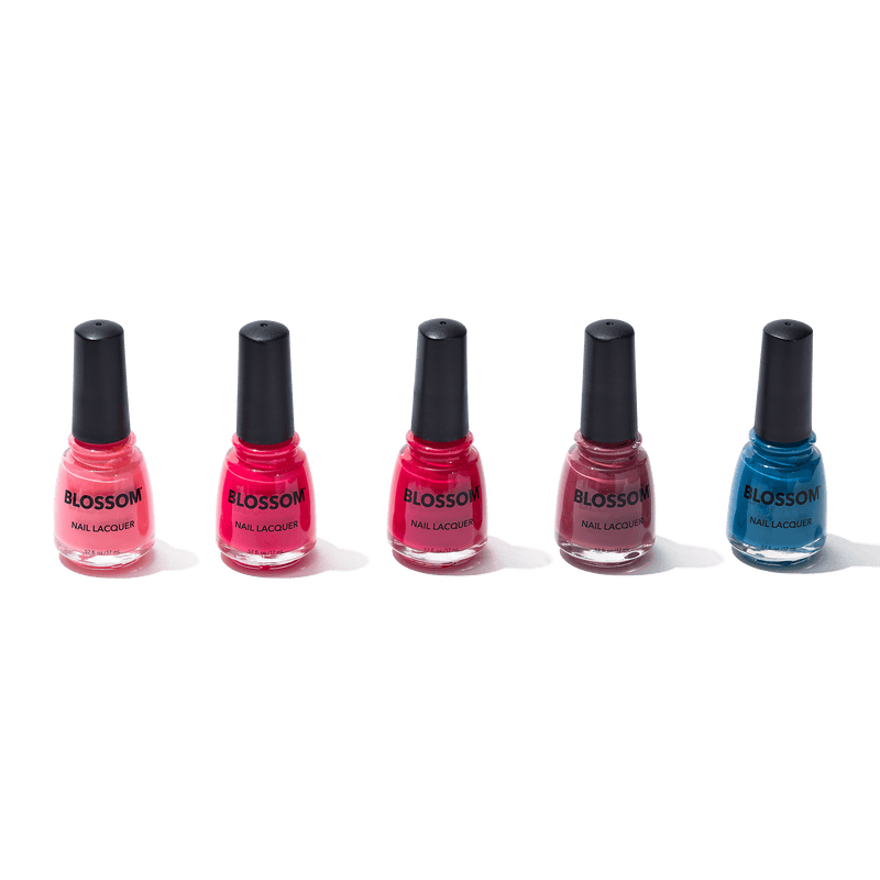 5 bold Blossom nail polish colors: Poppy, Geranium, Knock Out Rose, Hydrangea and Chocolate Cosmos