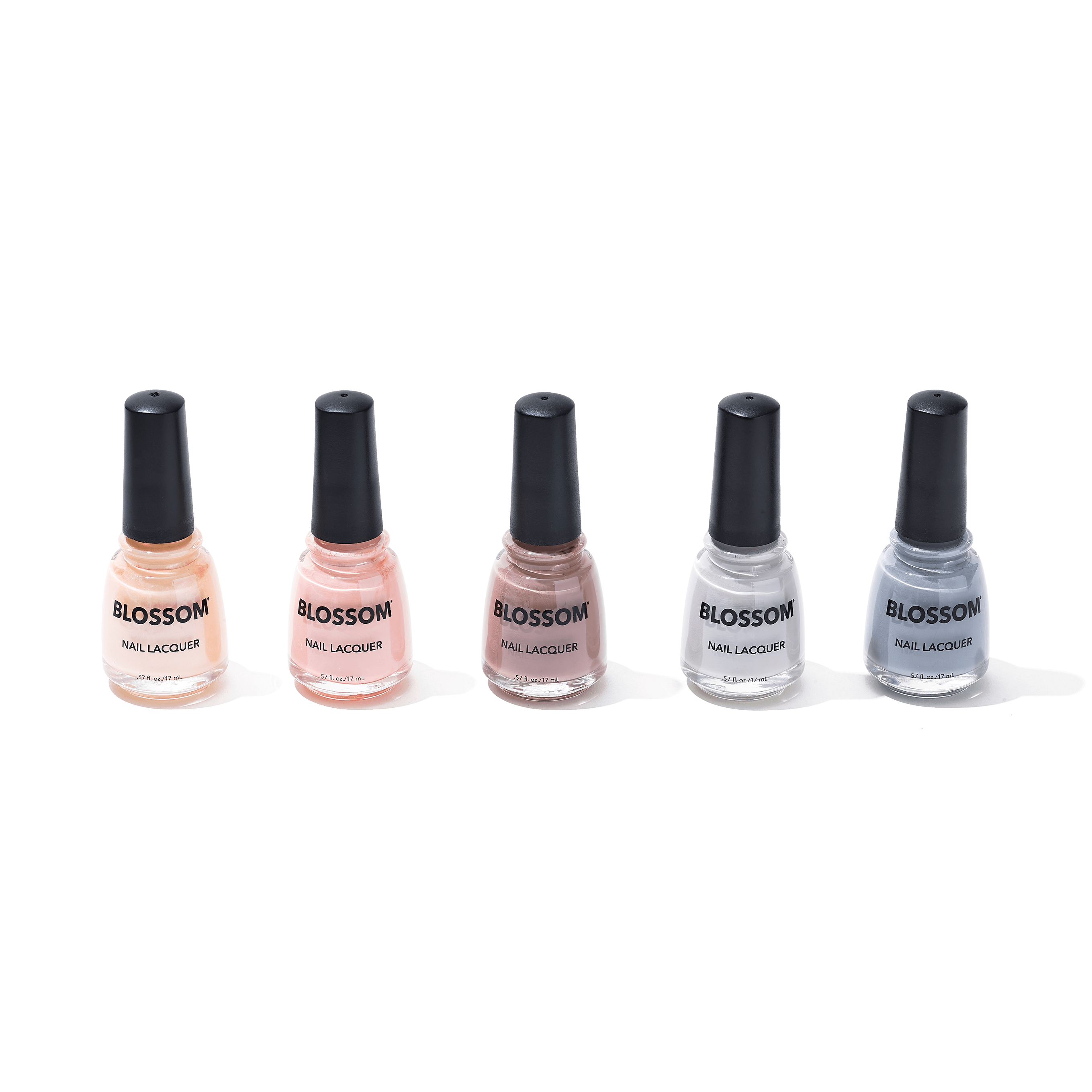 5 classic Blossom nail polish colors: Champagne Kisses, Peach Pureé, Latte, Lady in White, and Paloma