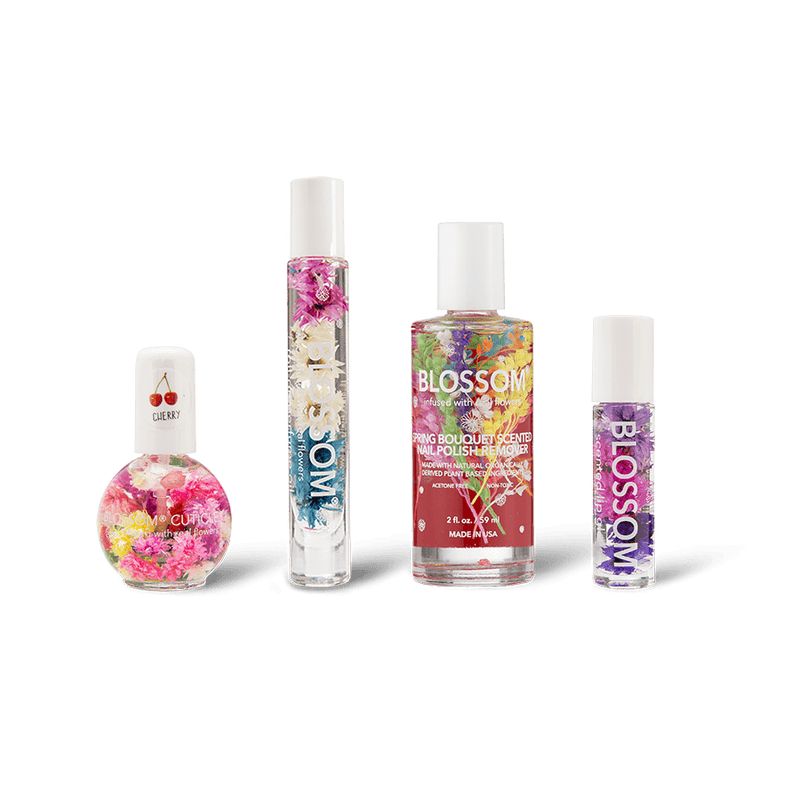 Blossom Jet Set - 1/2 Oz. Cherry Cuticle Oil, Coconut Nectar Roll-On Perfume Oil, Spring Bouquet Nail Polish Remover, and Lychee Roll-on Lip Gloss