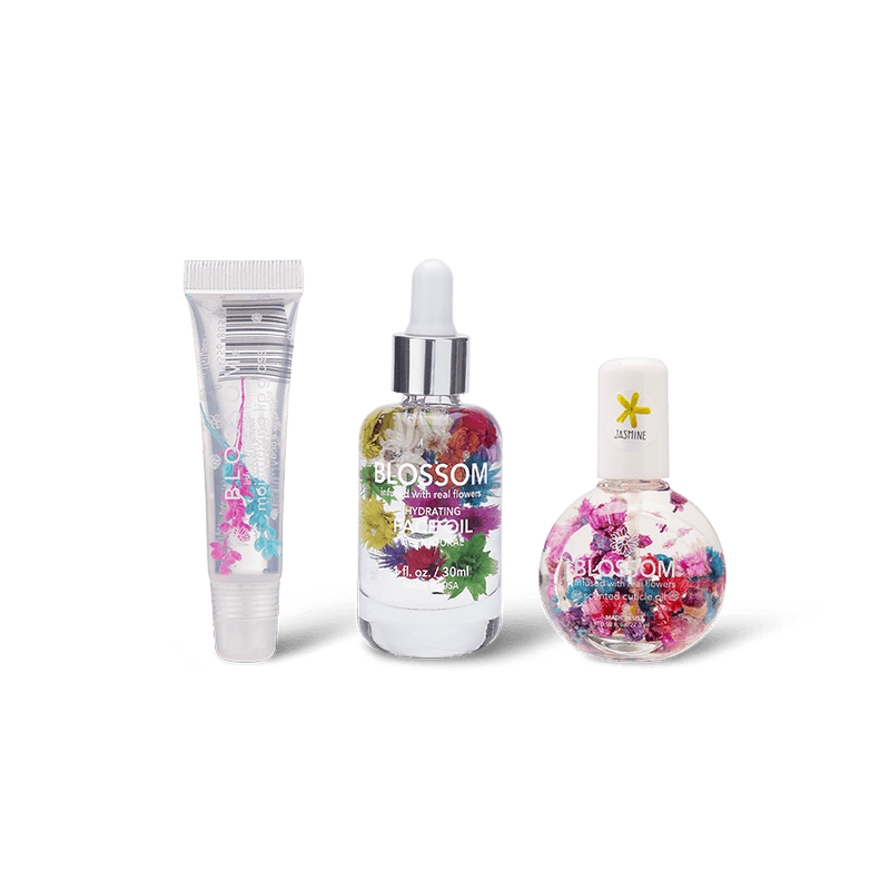 Blossom making a splash savings bundle - Raspberry Moisturizing Lip Gloss Tube, Spring Hydrating Face Oil, and Jasmine One Ounce Cuticle Oil